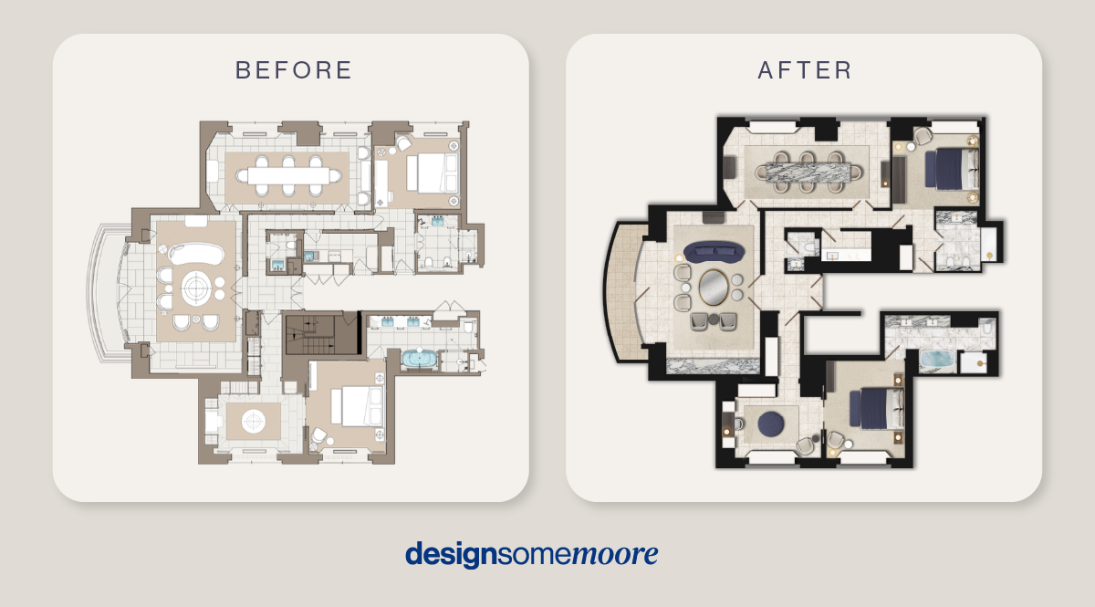 Before & After of the Ambassador Suite Floorplan for Hilton Park Lane Hotel